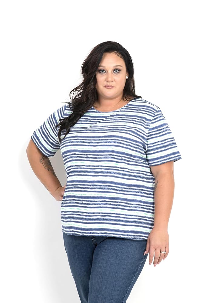 Women's Blue and White Striped Short Sleeve Top, Size 1X